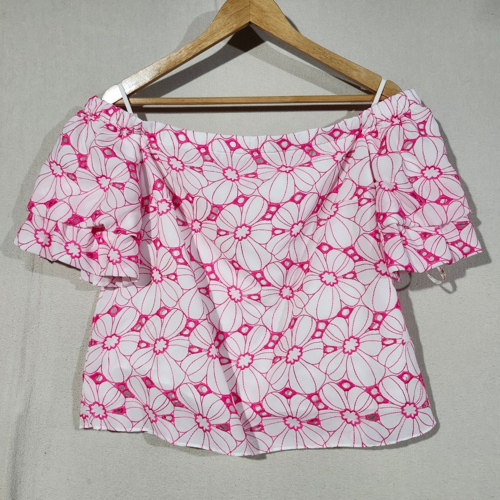 Lilly Pulitzer Pink White Floral Embroidered Eyelet Off Shoulder Ruffle Top Med